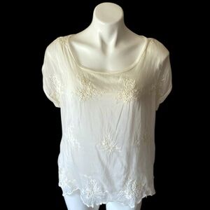 Angela Moda Women’s Off White Eyelet Floral Sheer Short Sleeve Blouse Size Large